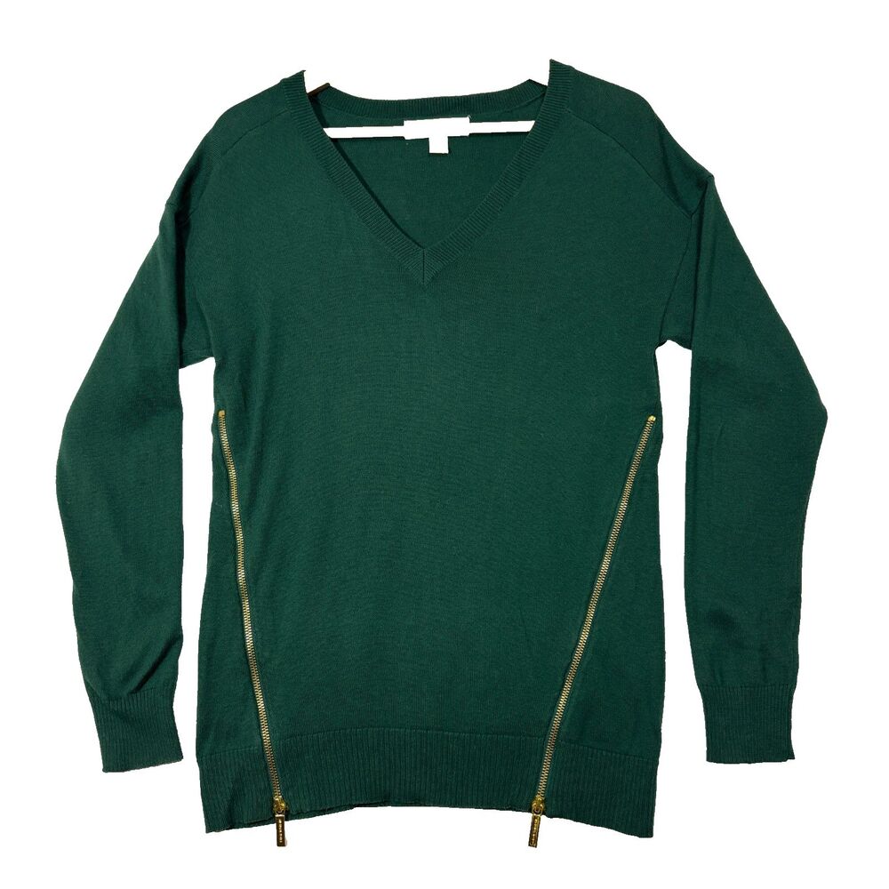 Michael Kors Women's Sweater Gold Zipper Emerald Green‎ Modern Holiday Chic Sz S